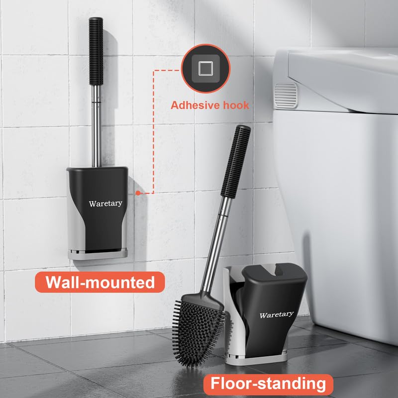 Silicone Toilet Bowl Brush with Holder: Long Handle Toilet Brush and Holder Set for Bathroom, Wall Mounted Toilet Scrubber Cleaner Brush(Black&Grey)