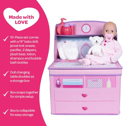 ADORA Realistic Perfectly Pink Baby Doll Set with Deluxe Changing Table and 10-Piece Doll Accessories; Pink Storage Box, 2 Baby Doll Diapers, Baby Powder Bottle, Pacifier Birthday Gift for Ages 3+