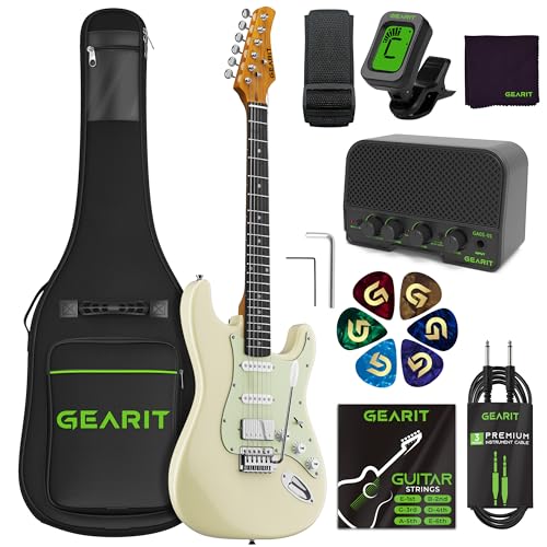 GEARit Electric Guitar Kit Bundle (Premium Mahogany Tonewood) GST-100 Mission Series, 39in Full-Size, Beginner Starter, with Amplifier, HSS Pickups w/Coil Split, Gig Bag, Accessories - Thrasher White