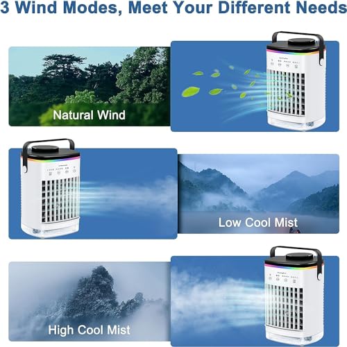 Portable Air Conditioners, Cooling fan Mini Air Conditioner Portable, 4 Wind Speed & 7 LED Light, 2 Cool Air Spray & 2-8H Timer, Personal Air Conditioner Evaporative Air Cooler for Room/Office