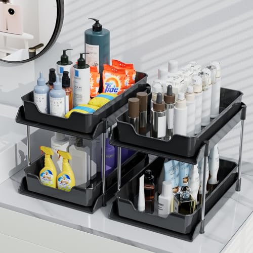 2 Pack Black Under Sink Organizer, Multi-Purpose kitchen and Bathroom organization,Pull Out Drawers Organizer,pantry organizersalso used for countertop,makeup and medicine cabinet storage.