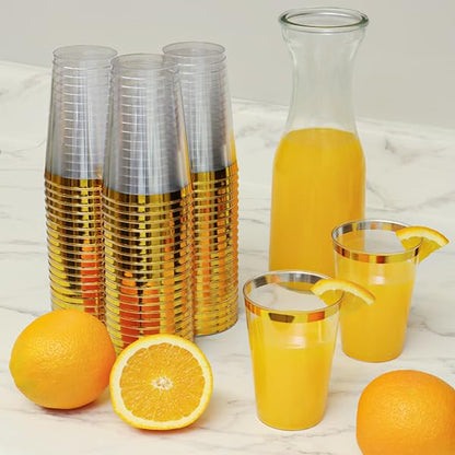 By Madee HEAVYWEIGHT 100 Pack 12 Oz Clear and Gold Rimmed Plastic Cups | Thanksgiving Cups Disposable | Elegant Gold Plastic Cups for Party