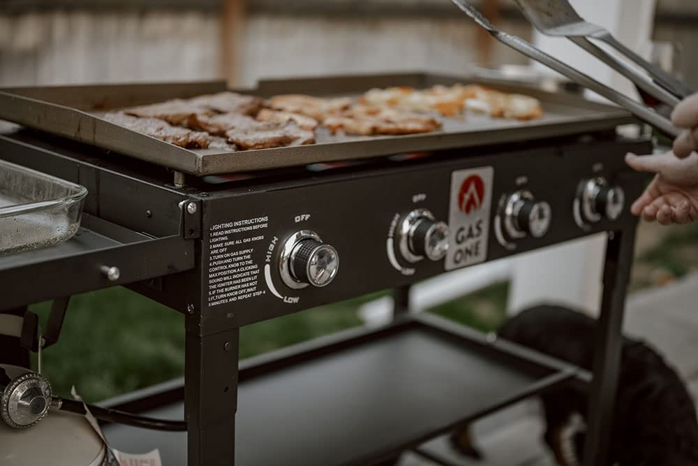 Gas One Propane Burner Grill–36-Inch Flat Top Grill Griddle Cooking Station–Foldable 4 Burner Propane Grill with Pre-Seasoned Griddle–Professional Burners for Outdoor Cooking with Side Shelves, Black