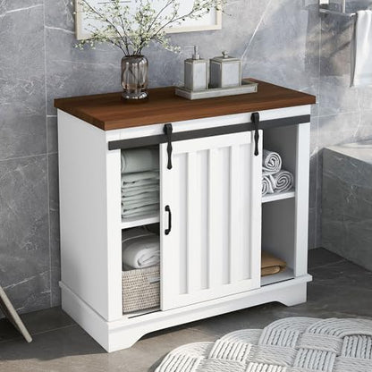 Merax, Brown Bathroom Cabinet with Sliding Barn Door, Farmhouse Accent Storage Cupboard with Adjustable Shelf, 1.18inch Thick MDF Board, White