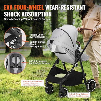 VEVOR Standard Baby Stroller, Infant Toddler Stroller with Bassinet, 3rd-Gear Adjustable Backrest & Foldable & Reversible Seat, Carbon Steel Newborn Stroller with Leg Cover and Mesh Net, Light Grey
