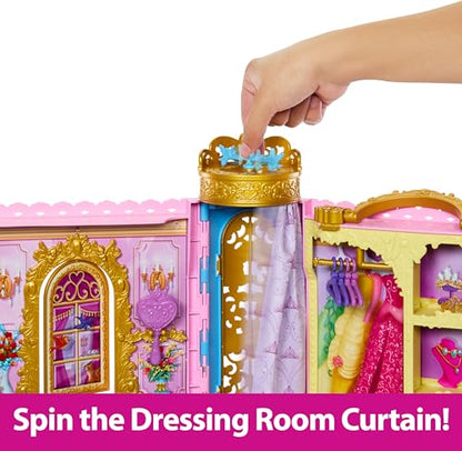 Mattel Disney Princess Toys, Doll Closet Playset with 2 Fashions, 25 Accessories, Vanity, Dressing Room, Runway & Storage, Opens to 2 Feet, Movie-Inspired