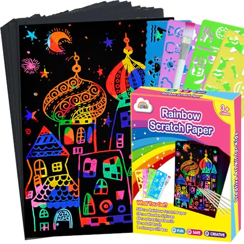 50 Pack Rainbow Scratch Art Paper Kids Crafts Gift