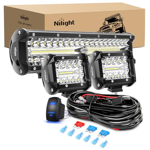 Nilight LED Light Bar 12 Inch 300W Spot Flood Combo 2 Pcs 4 inch 60W LED Pods Boat Driving Fog Lights with Off Road Wiring Harness- 3 Leads for Trucks Pickup Golf Cart SUV ATV UTV 4x4 Van Camper