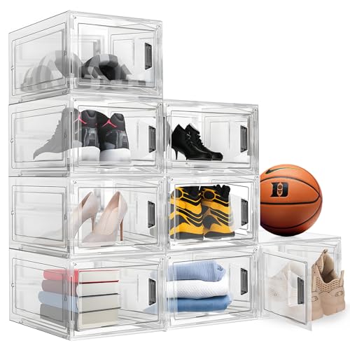 8 Packs Stackable Shoes Box,Upgraded Clear Plastic Shoe Organizer with Magnetic Door and handle for Men/Women Shoes,Sneakers Display(13.4 * 9.1 * 4.7 inch)