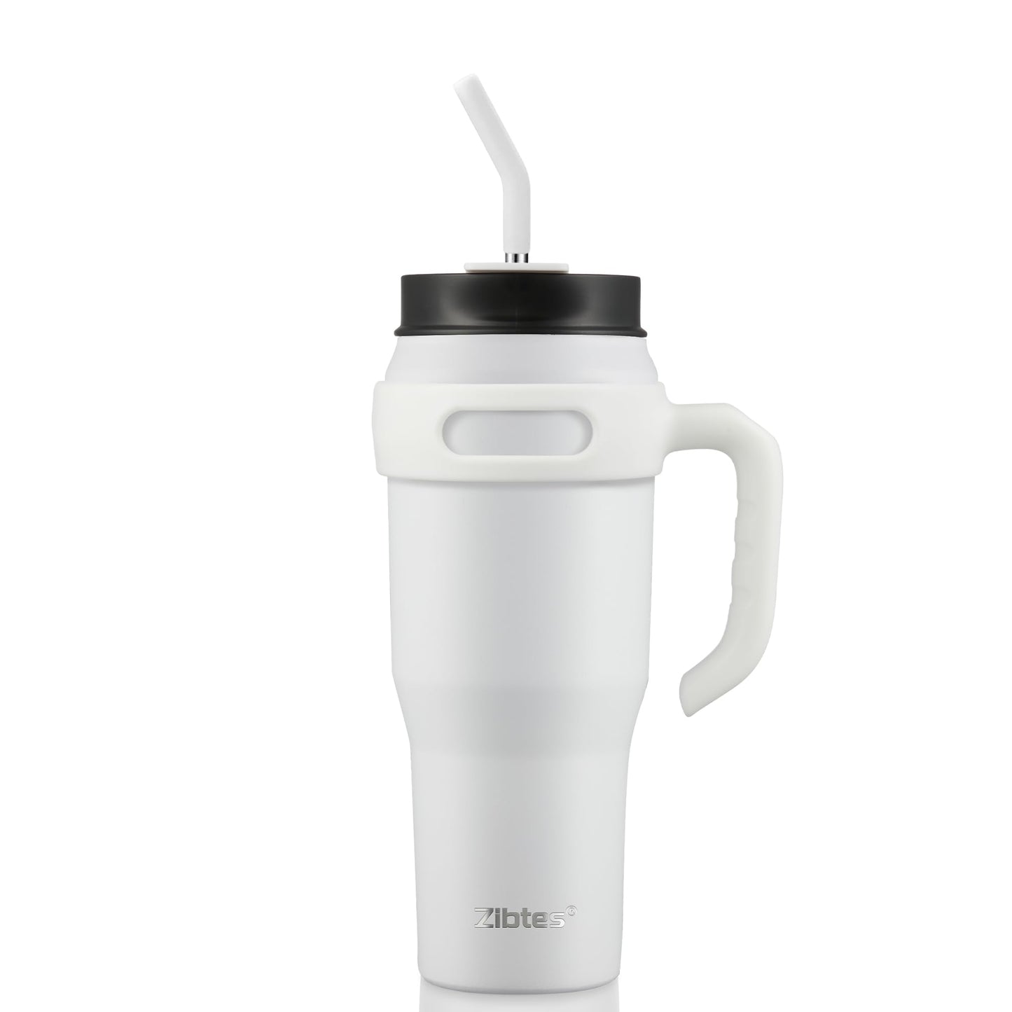 Zibtes 40oz Insulated Tumbler with handle and Lid Straws, Stainless Steel Travel Coffee Cup Holder Friendly, Metal Water Bottle Keeps Drinks Cold up to 34 Hours(White 1 pack)
