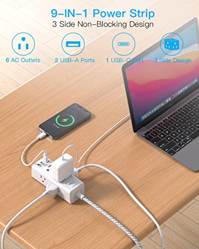 Power Strip Surge Protector - 6 Widely Outlets with 3 USB Ports (1 USB C), 3-Side Outlet Extender Strip, 5 Ft Extension Cord Flat Plug, Wall Mount Small Power Strip for Travel Home Office College Dorm
