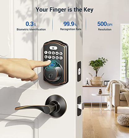 Veise Fingerprint Door Lock, Keyless Entry Door Lock, Electronic Keypad Deadbolt, Biometric Smart Locks for Front Door, Auto Lock, Anti-Peeking Password, Easy Install, Oil Rubbed Bronze