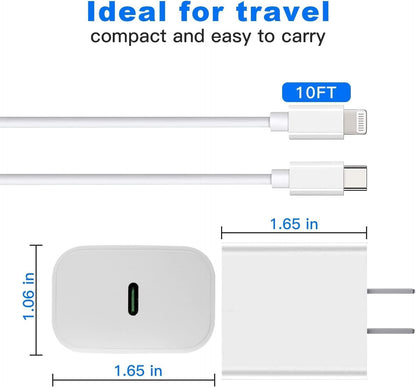 20W USB C Fast Charger 10 FT [MFi Certified] Compatible with iPhone 14 13 12 11 XS XR X 8 iPad, 3 Pack PD Wall Charger Block with 10FT Long Type C Lightning Cable (White)