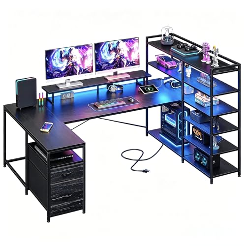 L Shaped Gaming Desk with Shelves and LED Lights
