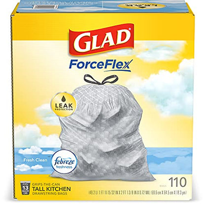 Glad Tall Kitchen Drawstring Trash Bags - Odorshield 13 Gallon White Trash Bag, Febreze Fresh Clean, 110 Count