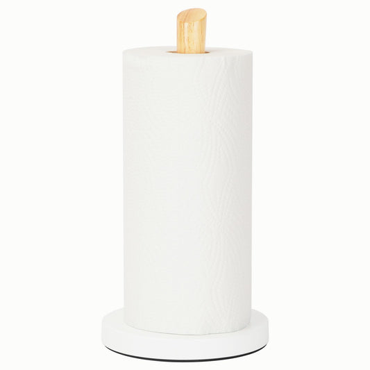 E-ROOM TREND Paper Towel Holder Wooden Natural Color Countertop with Dia 6.3" Carbon Steel Round Base, Kitchen Roll Organizer Wooden Paper Holder Stand for Dining Table Fits Standard & Jumbo Rolls