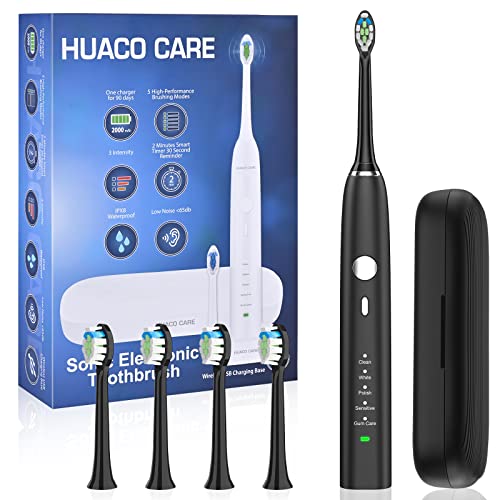 HUACO CARE Sonic Electric Toothbrush,5 Modes 3 Intensities with 2 Minutes Timer,One Charge for 90 Days,Wireless Fast Charge with 4 Replacement Brush Heads for Adults and Kids Black