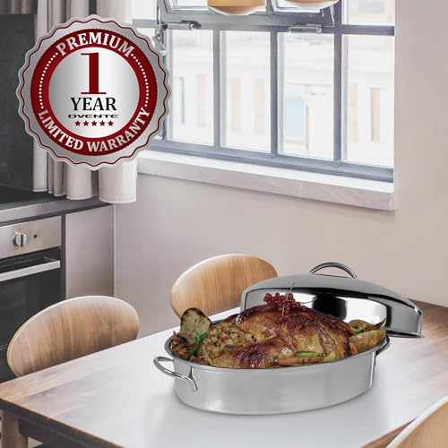 OVENTE Oval Stainless Steel Roasting Pan, 16” Oven Roaster and Baking Tray with Lid & Flat Rack, Nonstick Bakeware Dish Ideal for Cooking Turkey, Roasted Chicken, Beef or Veggies, Silver CWR32161S