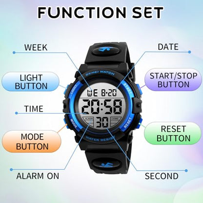 Dayllon Boys Watch Digital Outdoor Sport Waterproof Kids Watches 12/24H Alarm 7 Colorful Stopwatch Military Child Wristwatch for 3-8 Year Old 1266 Small Blue