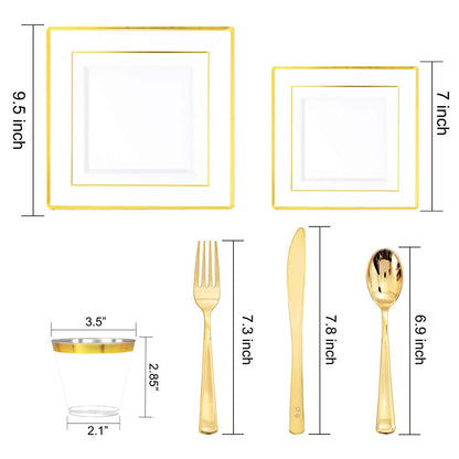 50 Guest Gold Disposable Plates and Utensils Set