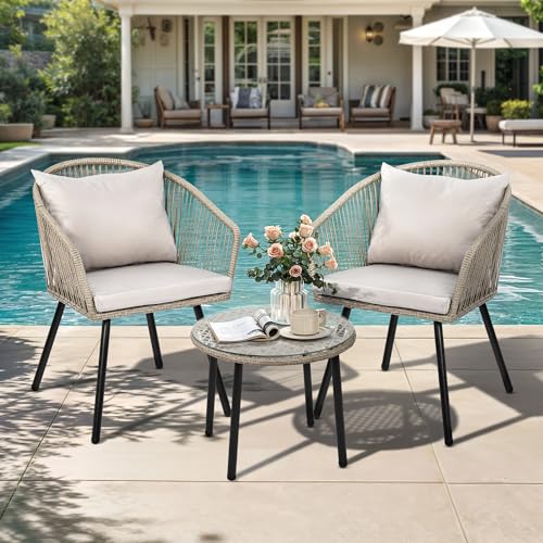 3 Piece Outdoor Wicker Patio Bistro Set with Table