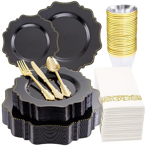 COLOSUS 175PCS Black Plastic Party Plates Set