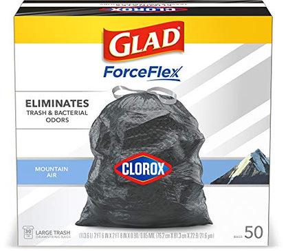 Glad Trash Bags, Large Drawstring Garbage Bags ForceFlex with Clorox, 30 Gallon Black Trash Bags, Mountain Air 50 Count (Package May Vary)