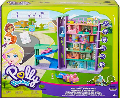 Polly Pocket Playset with 3 Micro Dolls, 1 Toy Car, Food and Shopping Accessories, Pollyville Mega Mall Toy