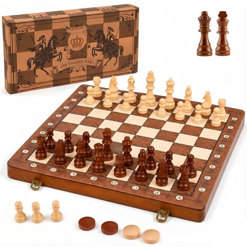 Magnetic Wooden Chess and Checkers Board Game