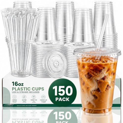 150 Pack 16 oz Plastic Cups with Lids and Straws