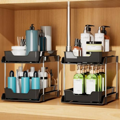2 Pack Black Under Sink Organizer, Multi-Purpose kitchen and Bathroom organization,Pull Out Drawers Organizer,pantry organizersalso used for countertop,makeup and medicine cabinet storage.