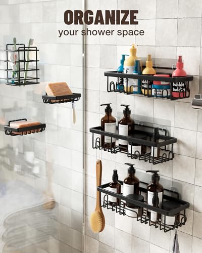 Veken Shower Caddy 6 Pack,Adhesive Bathroom Shower Organizer for Bathroom Storage&Home Decor&Kitchen,No Drilling,Large Capacity, Rustproof Stainless Steel Shower Shelves Rack for Inside Shower, Black