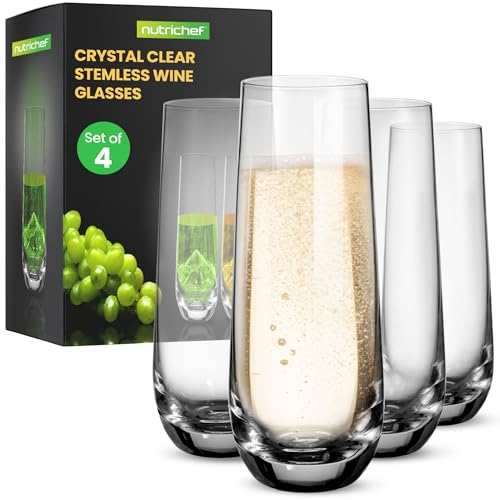 4 Piece NutriChef Stemless Champagne Flutes Set Glasses