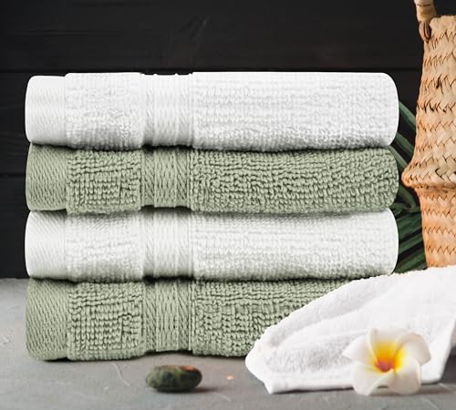 Towel and Linen Mart 100% Cotton - Wash Cloth Set - Pack of 4,Luxurious, Absorbent,Soft Feel Perfect for Daily Use (12 x 12 White & Sage Green)