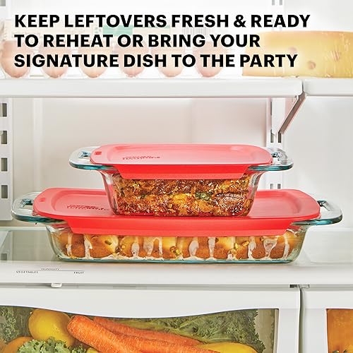 Pyrex Easy Grab 2-Pack Glass Baking Dish Set (2QT, 3QT) with Snug Fit Locking BPA-Free Lids, Rectangular Bakeware Set, Dishwasher, Microwave, Freezer & Pre-Heated Oven Safe