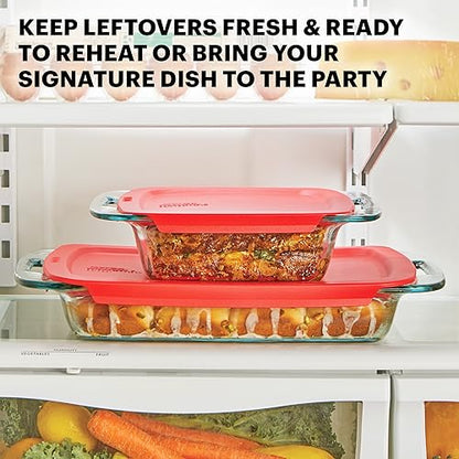 Pyrex Easy Grab 2-Pack Glass Baking Dish Set (2QT, 3QT) with Snug Fit Locking BPA-Free Lids, Rectangular Bakeware Set, Dishwasher, Microwave, Freezer & Pre-Heated Oven Safe