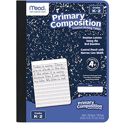 Mead Primary Composition Notebook, Wide Ruled Paper, Grades K-2 Writing Workbook, 9-3/4" x 7-1/2", 100 Sheets, Blue Marble (09902)