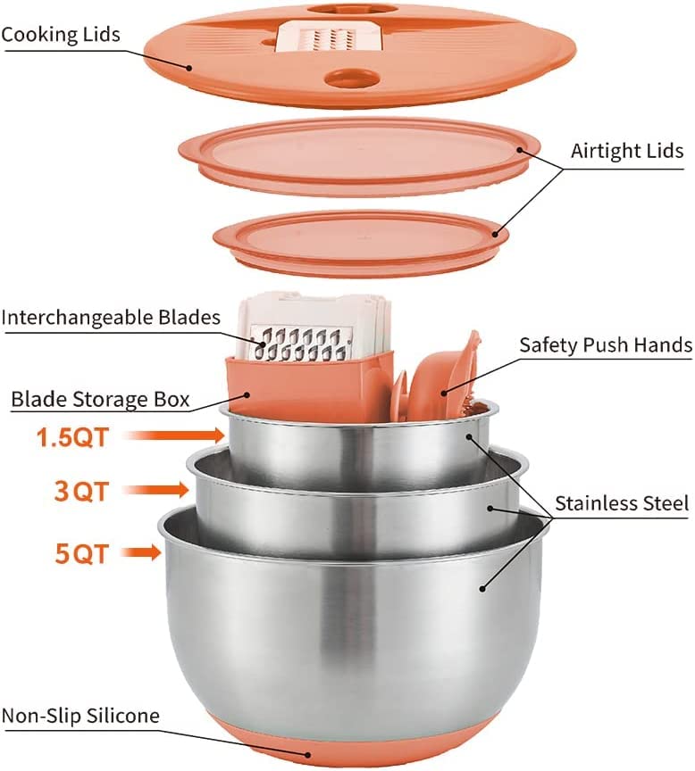 weltonhm Mixing Bowls with Lids Set,3 Pieces Stainless Steel Nesting Bowls Vegetables Slicer Non-Slip Mixing Bowl for Baking Prepping Cooking(Orange)