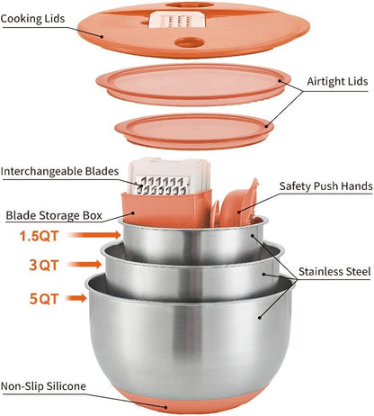 weltonhm Mixing Bowls with Lids Set,3 Pieces Stainless Steel Nesting Bowls Vegetables Slicer Non-Slip Mixing Bowl for Baking Prepping Cooking(Orange)