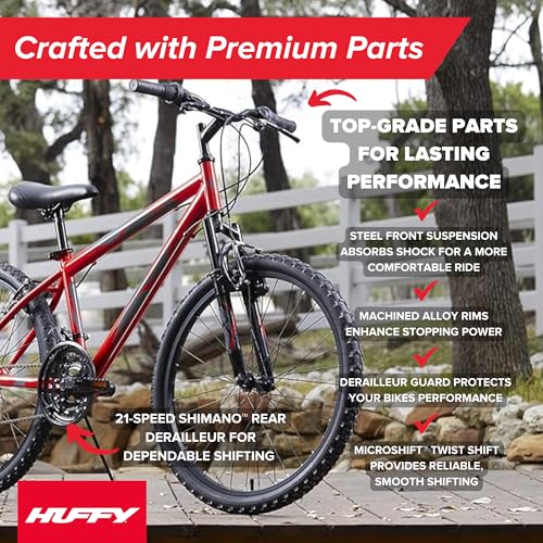 Huffy Stone Mountain Mens 24 Inch Mountain Bike, Red Gloss Frame, 21-Speed Shimano Twist Shifting, Front Suspension, Comfort Saddle | 20"/24"/26" Sizes, 6-21 Speeds, Dual Suspension Available