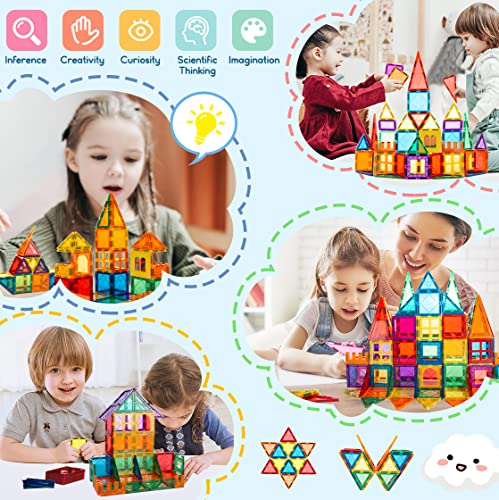 MagHub Magnetic Tiles 65 Piece Colorful Magnetic Blocks Set with car, Unique Clear 3D Magnetic Building Blocks for 3+ Years Old Boys and Girls, STEM Construction Preschool Magnets for Kids Toddlers