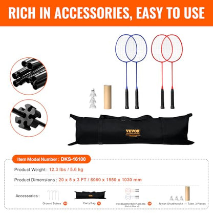 VEVOR Badminton Net, Height Adjustable Volleyball Net, 20ft Wide Foldable Pickleball Net, Portable Tennis Net Set with Poles, Stand, Bag, Rackets, Nylon Shuttlecocks, Kid Backyard Indoor Outdoor Use