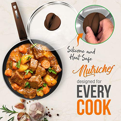 NutriChef Professional 12-Piece Brown Nonstick Cookware - PFOA/PFOS-Free, Heat Resistant Lacquer, Elegant Design, Multi-Sized Pots and Pans
