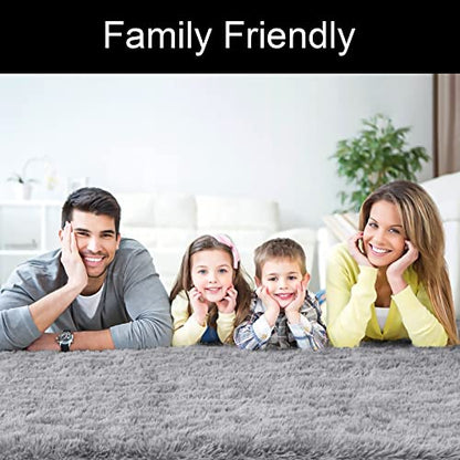 DETUM Grey Rug 6x9 Feet - Fluffy Gray Area Rugs for Bedroom Shaggy 6' X 9' Living Room Rug Soft Rugs for Kids Room Non-Slip Nursery Office Dorm Washable Carpets Home Decor