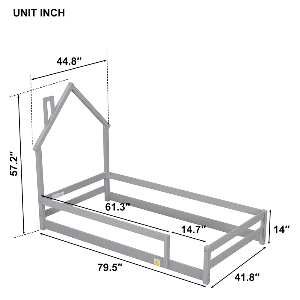 Pine Wood Twin Floor Bed Frame with Guardrails