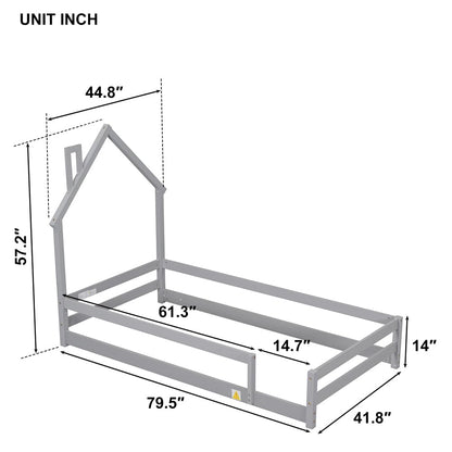Pine Wood Twin Floor Bed Frame with Guardrails