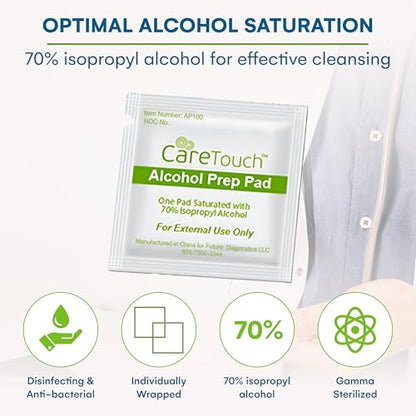 Care Touch Alcohol Wipes - Individually Wrapped Alcohol Prep Pads with 70% Isopropyl Alcohol, Great for Medical & First Aid Kits - Sterile, Antiseptic 2-Ply Rubbing Alcohol Pads - 100 Count
