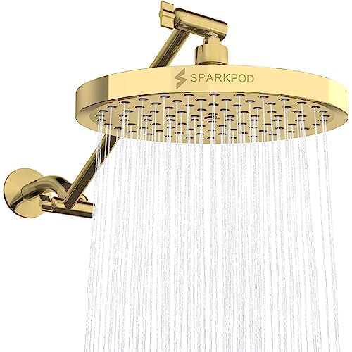 SparkPod Round Rain Shower Head with Shower Head Extension Arm - High Pressure Rain - Luxury Modern Look - No Hassle Tool-less 1-Min Installation (11" Shower Arm Extension, Egyptian Gold)