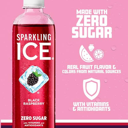 Sparkling Ice, Black Raspberry Sparkling Water, Zero Sugar Flavored Water, with Vitamins and Antioxidants, Low Calorie Beverage, 17 fl oz Bottles (Pack of 12)