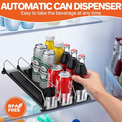 FUNYKICH Soda Can Dispenser for Refrigerator, Drink Organizer for Fridge with Automatic Pusher Glide, Width Adjustable, Self Pushing Fridge Drinks Organiser- Holds up to 15 Cans, 3 Rows, 9.9''Wx15''D